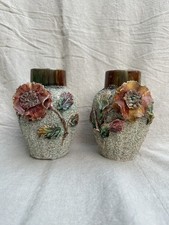 Gorgeous Pair Of Antique French Victorian Sand Majolica Vases Barbotine picture