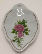 Gold Trim Porcelain Trinket Tray Leaf Shape Pink Roses picture
