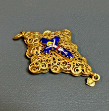19c. Antique Gild Gold Filigree Cross Crucifix Neck Pendant Hand Painted Enamel picture