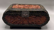 Vintage Chinese Hand Carved Camphor Wood Dragon Beast Phoenix Bird Jewelry Box picture