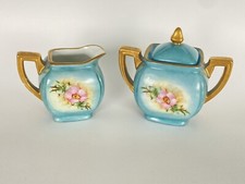Hand Painted Porcelain Blue & Gold Floral Creamer & Lidded Sugar picture