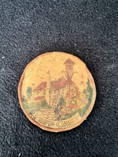 Antique 1900’s Pyrography Suede Vanity Powder Puff Case With Plush Velour Puffer picture