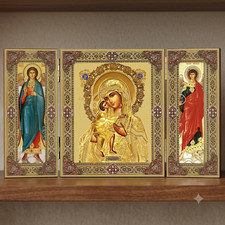 Virgin Mary, Jesus Christ, Archangel Michael and Gabriel Wooden Icon Triptych picture