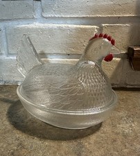 Hen On Nest Vintage Indiana Glass Company MCM Chicken Decor Clear With Red Comb picture