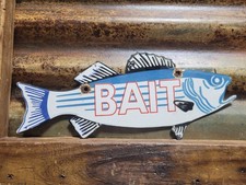 VINTAGE BAIT PORCELAIN SIGN OLD DIECUT FISH TACKLE SHOP FISHING STORE BASS SPORT picture