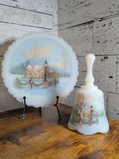 VTG Fenton 1991 Satin Christmas Eve Plate & Bell  Christmas at Home Series picture
