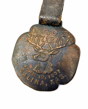 Antique 1907 BPOE 718 Elks Salina KS Watch Fob Metal Tag Leather Strap Schwaab picture