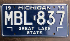 1973 Michigan Dark Blue Base License Plate # MBL-837 Great Lake State EUC picture