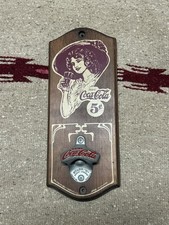 Coca-Cola Wall Mounted Bottle Opener Sign with Lady Graphic & 5¢ Advertising Art picture