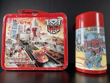 1986 Vintage Transformers Lunchbox Embossed Metal Aladdin USA Made Red Thermos picture