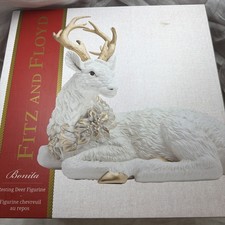 Fitz and Floyd Resting Deer Figurine Ceramic Painted White Gold Boxed picture