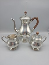 Vintage Royal Holland Pewter Wooden Handle Teapot Tea Pot Creamer Sugar GLOSSY picture