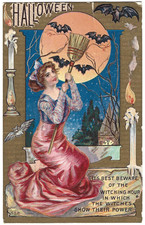 1910 Embossed Halloween Postcard Series 552 Witch Full Moon Bats Posted picture