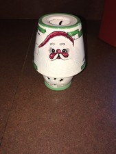 SET OF 2 CERAMIC CHRISTMAS CANDLE HOLDERS WITH SHADES SANTA & SNOWMAN picture