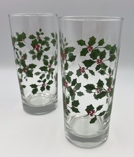 Set Of 2 Vintage Libbey Holly Berry Christmas Holiday 12 oz Tumblers Made In USA picture