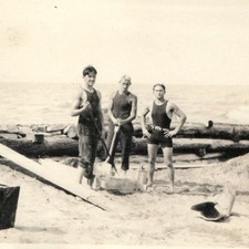 c1920s Beach Shoreline Seawall Construction Men Snapshot Photo Swimsuits Shovels picture