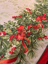 HUGE Gorgeous Christmas PRINT Tablecloth Holly Berry Bows Polyester 143x60 picture