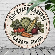 Homegrown Vegetables Metal Sign Round Retro Garden Harvest Wall Art picture