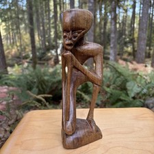 African Hand Carved Wood Thinker Statue Abstract Tribal Figure Sculpture picture