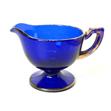CARLISLE PA Antique DEPRESSION BLUE COBALT GOLD Glass Souvenir Trinket CREAMER picture