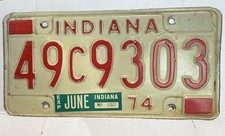 Vintage Indiana 1974 License Plate 49C9303 w/ June Expiration Sticker picture