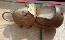 Vntg Hippopotamus Zoo Lines Teak Wood Trinket Box House Hippo MCM Japan picture