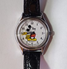 Vintage Lorus Disney Mickey Mouse Wristwatch with Black Leather Strap New Batt. picture