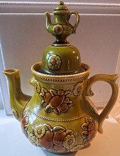 Vintage Green Brown Beige Floral Glossy Ceramic Tea Pot Cookie Jar Japan picture
