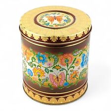Vintage Metal Tin Canister Storage Container Round Floral Butterfly Gold Tone picture