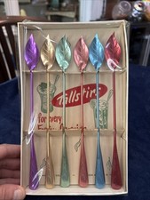 VTG MID CENTURY MODERN ANODIZED ALUMINUM MULTICOLOR DRINK STIRRERS BOXED SET 6PC picture