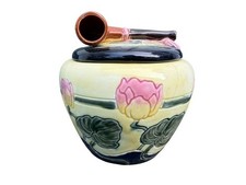 Antique Art Nouveau Majolica Ceramic Tobacco Jar Humidor Water Lily Figural Pipe picture