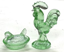 2 Piece Vintage Style Green Glass Hen On Nest & Rooster, Mini - NEW picture