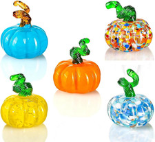 5Pcs Blown Glass Pumpkin Figurines Collectibles, Small Crystal Glass Art Pumpkin picture