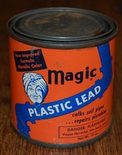 RARE VINTAGE MAGIC PLASTIC LEAD CAULK TIN CAN ADVERTISING MAGIC IRON CEMENT CO. picture
