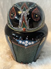 Vintage Hand Painted Wooden OWL Vase Trinket Box 7” Tall 5” Wide Black Colored picture