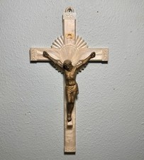 Vintage Catholic Crucifix 12” Sunburst Faux Mother of Pearl Celluloid Wall Cross picture