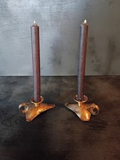 1940s Vintage Pair Drumgold Solid Copper Tricorn Chambersticks Candle Holders 🔥 picture