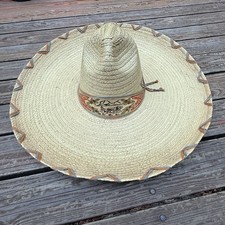Vintage Mid Century Handwoven Mexican Palm Sombrero Embossed I.O.L. Band picture