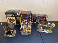 3pc set 1999 SPOOKY HOLLOW LIGHTED PORCELAIN HALLOWEEN HOUSES FUNERAL PARLOR picture