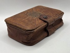 Vintage Mid Century Tooled Leather Trinket Box Sun Medallion Split Ring Snap picture