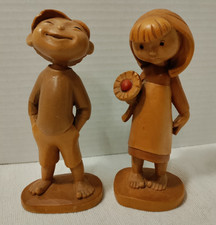 Vtg Pair Of 2 ANRI Boy/Girl Happy Children Wood Carved 6
