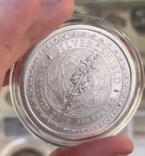 2 oz 2019 Consumerism Silver Shield, Slave Card Santa Skull, .999 Pure AG Silver picture