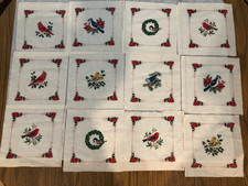 (12)  Vtg Cranston Print Works Birds of Christmas Fabric Squares Quilt Panels picture