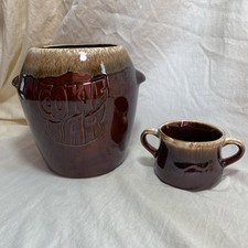 Vtg McCoy Pottery Brown Drip Glaze Ceramic Cookie Jar 7024 & Double Handle Bowl picture