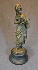 Antique French Spelter Figurine Peasant Girl with Basket & Book picture