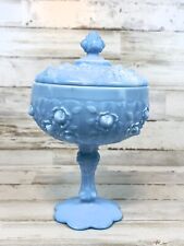 Vintage Fenton Blue White Slag Marble Glass Cabbage Rose Compote Candy Dish Lid picture