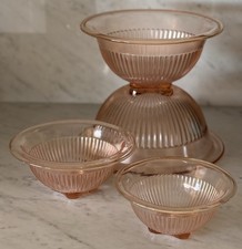 Vintage 1940s Federal Glass Vertical Ribbed Pink Depression Mixing Bowl Set of 4 picture