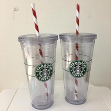 NEW 2 Starbucks 2009 Clear Tumbler 20 oz Venti Cups Candy Cane Straw Plastic picture