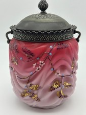 Antique Mt Washington Biscuit Jar Pink Satin Glass Enameled Drape 1894 picture