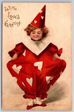 Clapsaddle Valentine~Clown Girl In Baggy Red Suit~Heart Collar~Cone Hat~IAPC picture